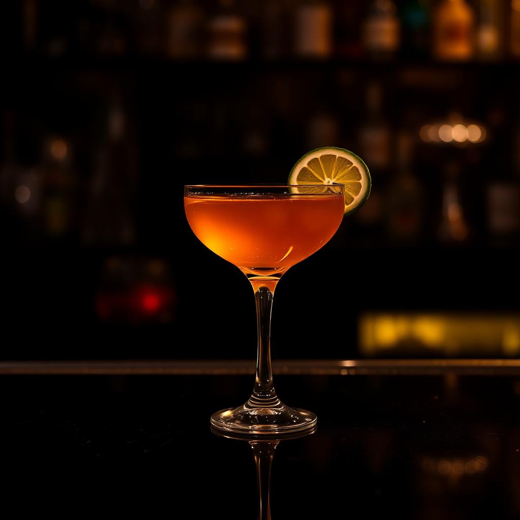 Classic cocktail served in a coupe glass on a dark bar