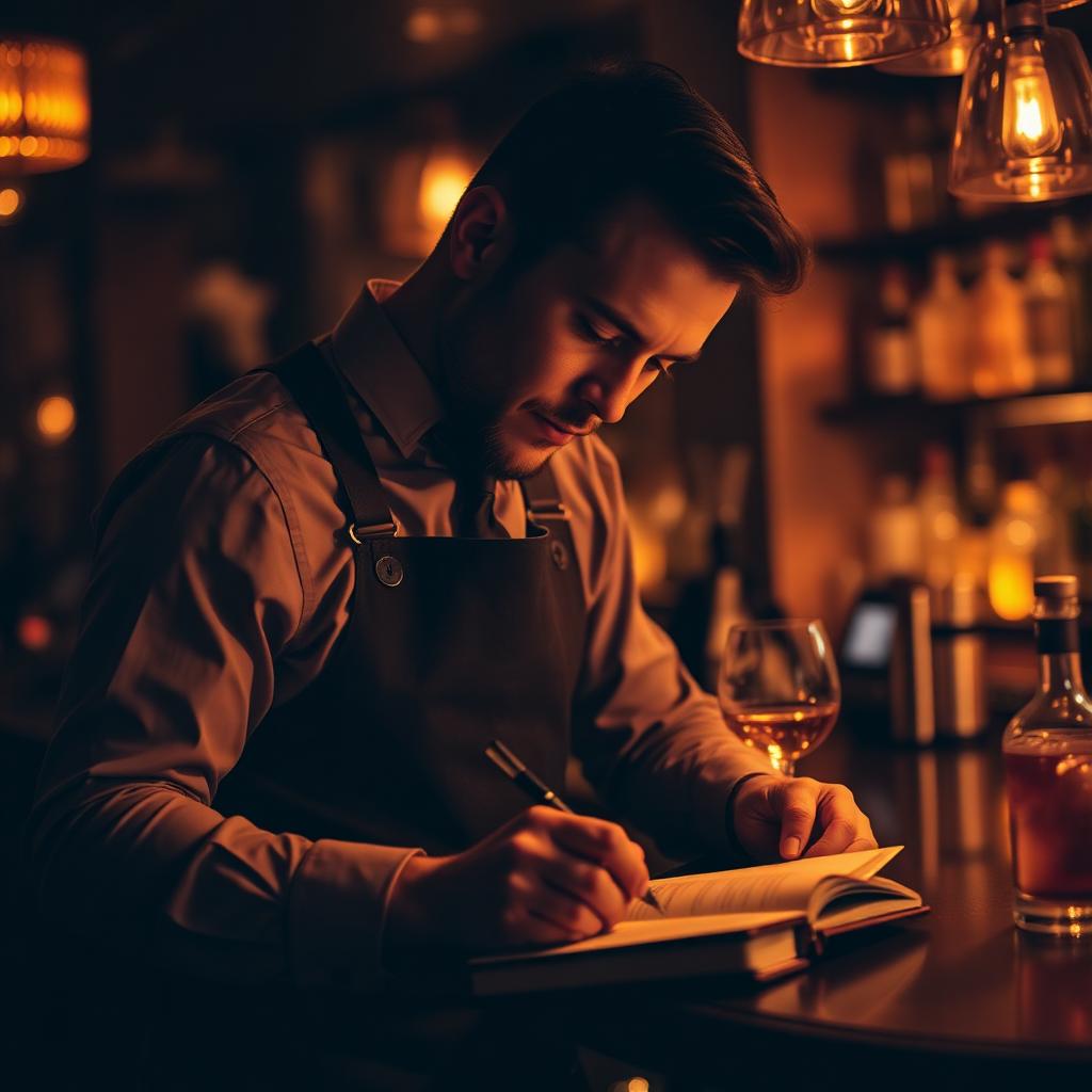 Bartender taking notes at a luxury bar